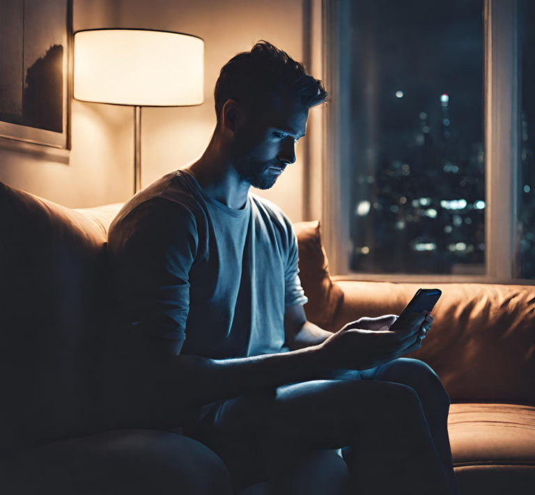 Man on phone with blue light